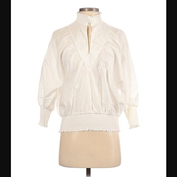 MAJE Blouse S NWT Libou Popeline Victorian Smocked Batwing Ecru White Luxury - Picture 4 of 16